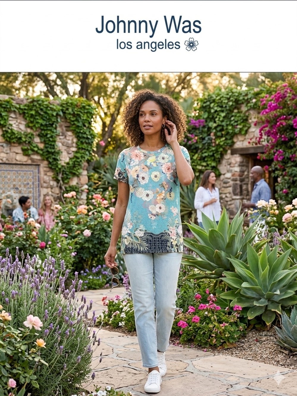 Johnny Was Teal Floral Short Sleeve Tee with Botanical Print